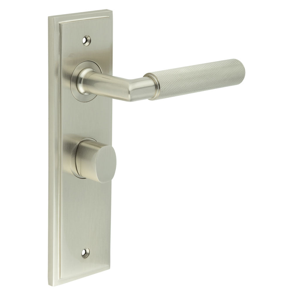 This is an image showing the Frelan - Piccadilly Door Handle Bathroom Backplate Satin Nickel & Turn & Release available to order from T.H. Wiggans Ironmongery in Kendal