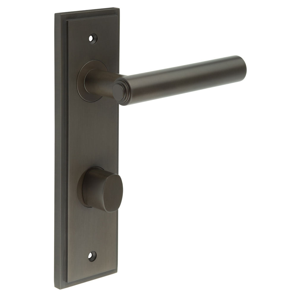 This is an image showing the Frelan - Richmond Door Handle Din Bathroom Backplate Dark Bronze & Turn & Release available to order from T.H. Wiggans Ironmongery in Kendal