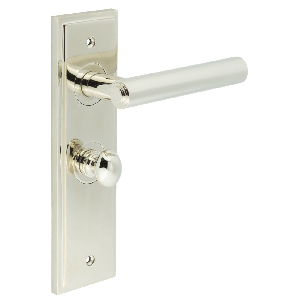 This is an image showing the Frelan - Richmond Door Handle Bathroom Backplate Polished Nickel & Turn & Release available to order from T.H. Wiggans Ironmongery in Kendal