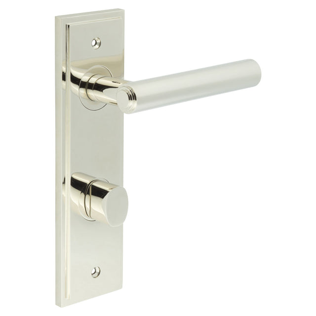 This is an image showing the Frelan - Richmond Door Handle Din Bathroom Backplate Polished Nickel & Turn & Release available to order from T.H. Wiggans Ironmongery in Kendal