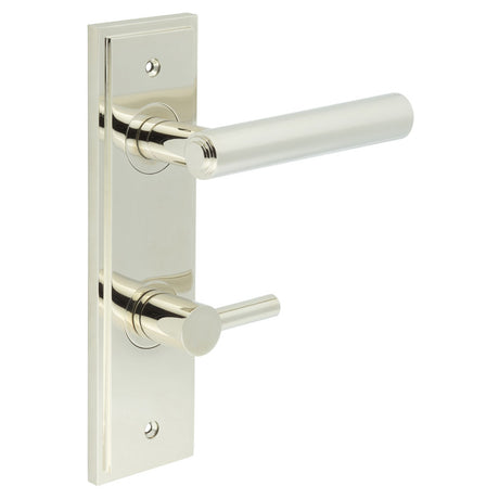 This is an image showing the Frelan - Richmond Door Handle Din Bathroom Backplate Polished Nickel & Turn & Release available to order from T.H. Wiggans Ironmongery in Kendal