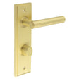 This is an image showing the Frelan - Richmond Door Handle Din Bathroom Backplate Satin Brass & Turn & Release available to order from T.H. Wiggans Ironmongery in Kendal