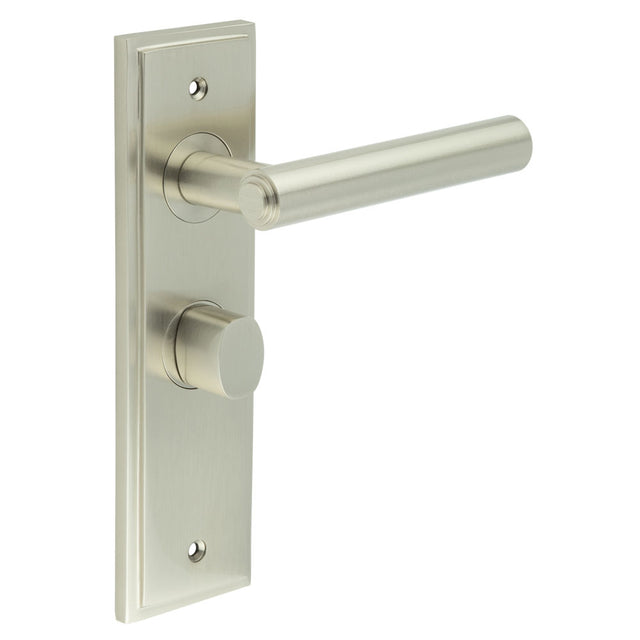 This is an image showing the Frelan - Richmond Door Handle Bathroom Backplate Satin Nickel & Turn & Release available to order from T.H. Wiggans Ironmongery in Kendal