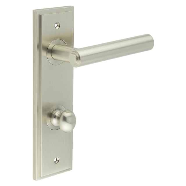 This is an image showing the Frelan - Richmond Door Handle Din Bathroom Backplate Satin Nickel & Turn & Release available to order from T.H. Wiggans Ironmongery in Kendal