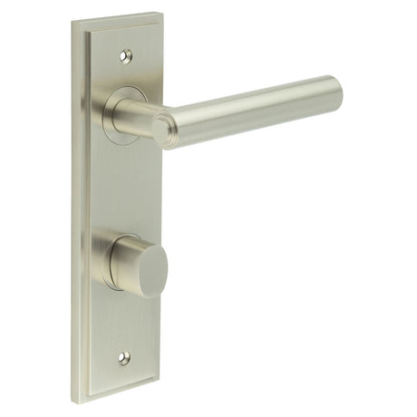 This is an image showing the Frelan - Richmond Door Handle Din Bathroom Backplate Satin Nickel & Turn & Release available to order from T.H. Wiggans Ironmongery in Kendal