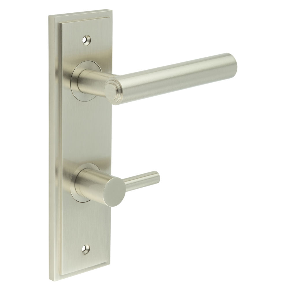 This is an image showing the Frelan - Richmond Door Handle Din Bathroom Backplate Satin Nickel & Turn & Release available to order from T.H. Wiggans Ironmongery in Kendal