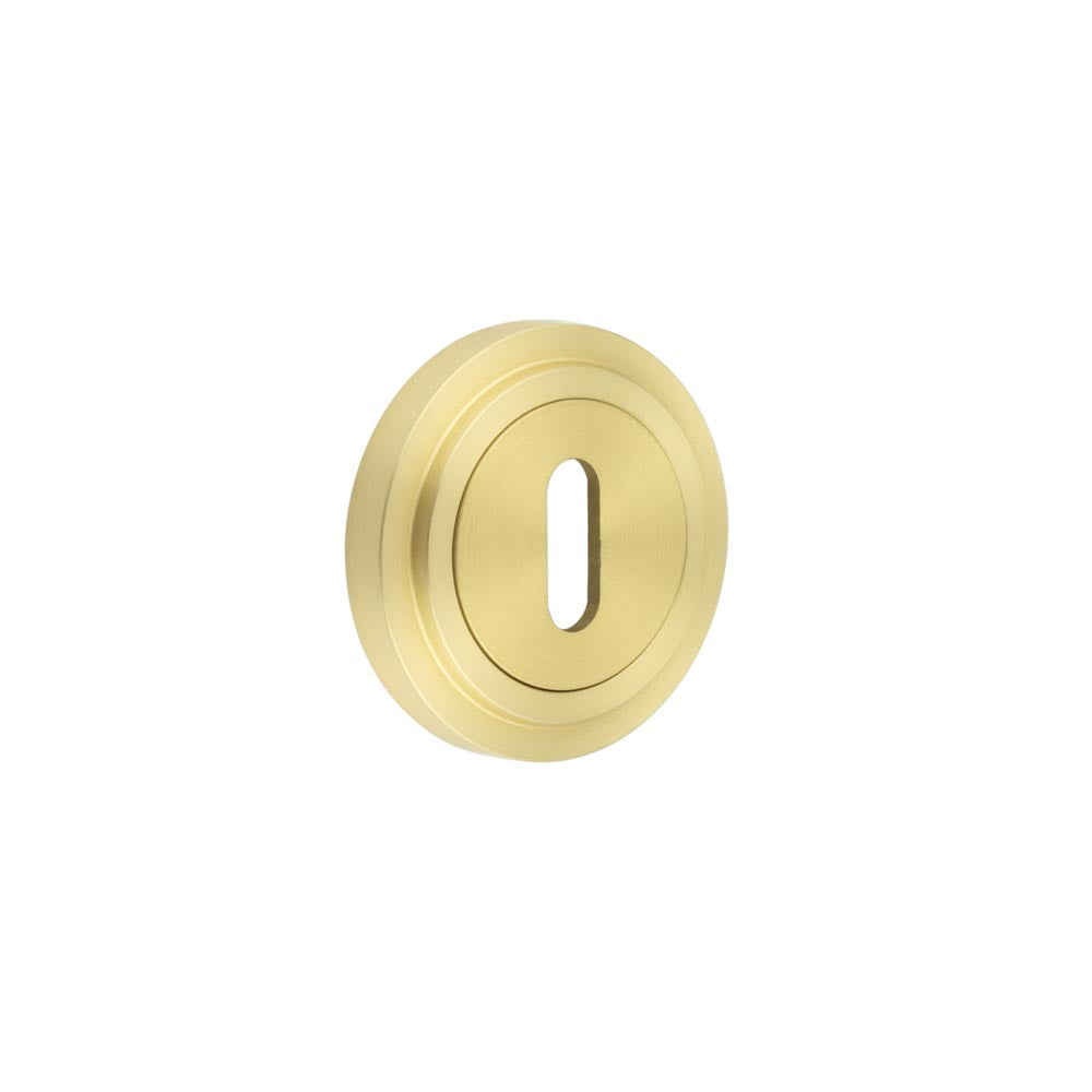 This is an image showing the Frelan - Burlington Standard Keyway Escutcheons Stepped Rose Satin Brass available to order from T.H. Wiggans Ironmongery in Kendal