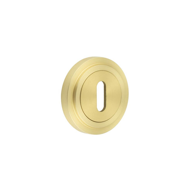 This is an image showing the Frelan - Burlington Standard Keyway Escutcheons Stepped Rose Satin Brass available to order from T.H. Wiggans Ironmongery in Kendal