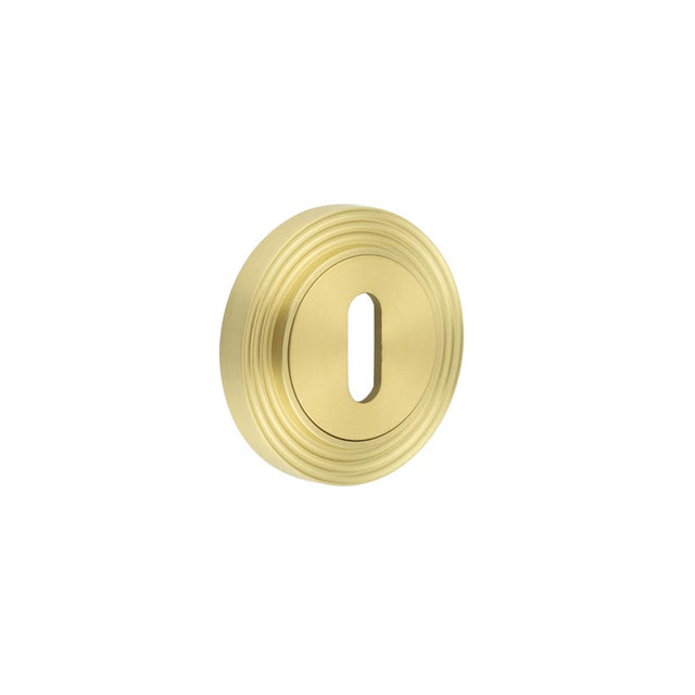 This is an image showing the Frelan - Burlington Standard Keyway Escutcheons Reeded Rose Satin Brass available to order from T.H. Wiggans Ironmongery in Kendal