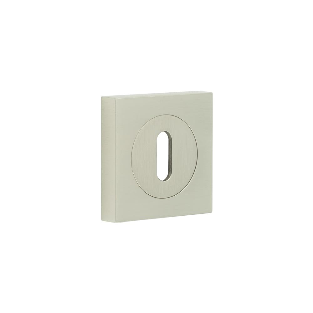 This is an image showing the Frelan - Burlington Standard Keyway Escutcheons Square Plain Rose Satin Nickel available to order from T.H. Wiggans Ironmongery in Kendal