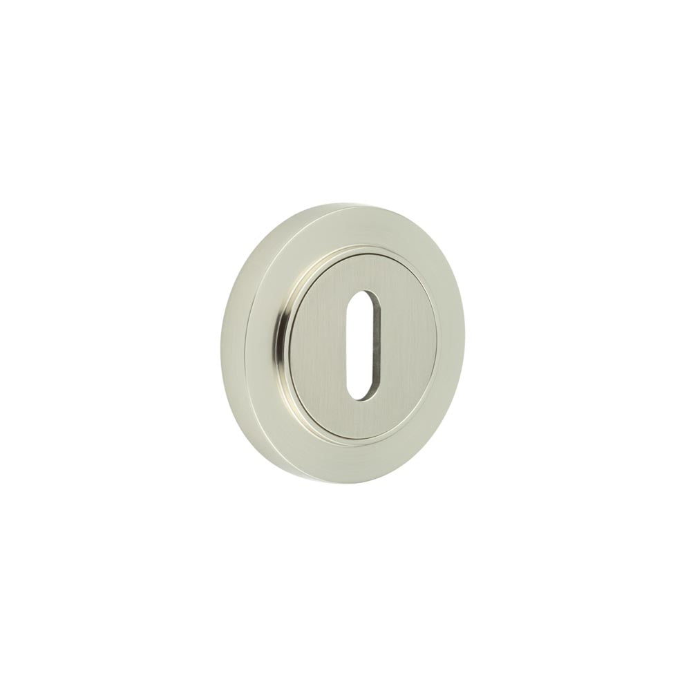 This is an image showing the Frelan - Burlington Standard Keyway Escutcheons Plain Rose Satin Nickel available to order from T.H. Wiggans Ironmongery in Kendal