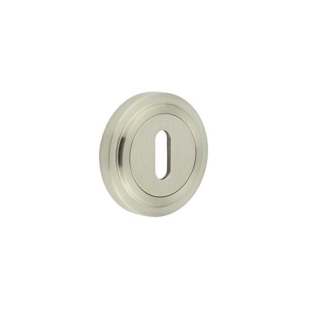 This is an image showing the Frelan - Burlington Standard Keyway Escutcheons Stepped Rose Satin Nickel available to order from T.H. Wiggans Ironmongery in Kendal