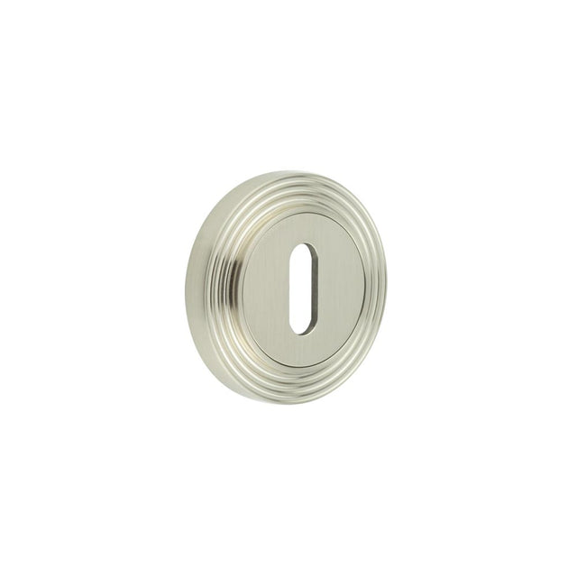 This is an image showing the Frelan - Burlington Standard Keyway Escutcheons Reeded Rose Satin Nickel available to order from T.H. Wiggans Ironmongery in Kendal