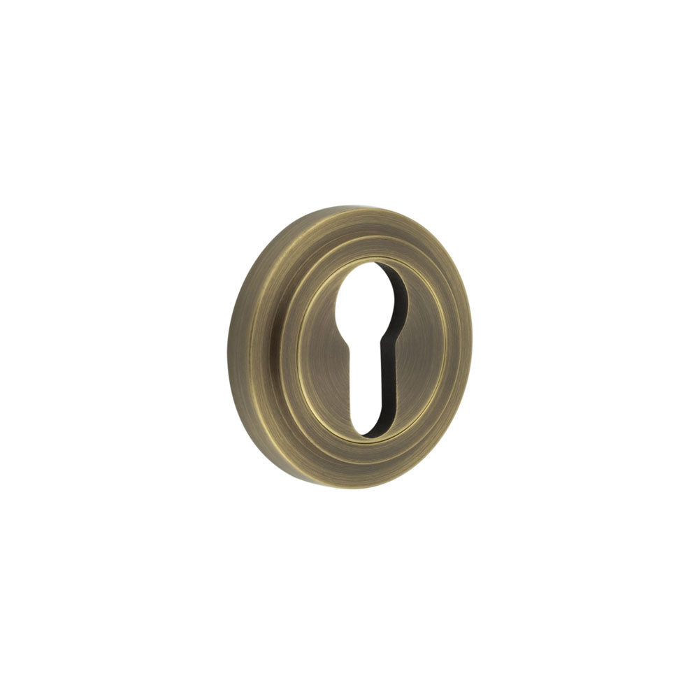 This is an image showing the Frelan - Burlington Euro Profile Escutcheons Stepped Rose Antique Brass available to order from T.H. Wiggans Ironmongery in Kendal