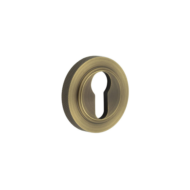 This is an image showing the Frelan - Burlington Euro Profile Escutcheons Knurled Rose Antique Brass available to order from T.H. Wiggans Ironmongery in Kendal