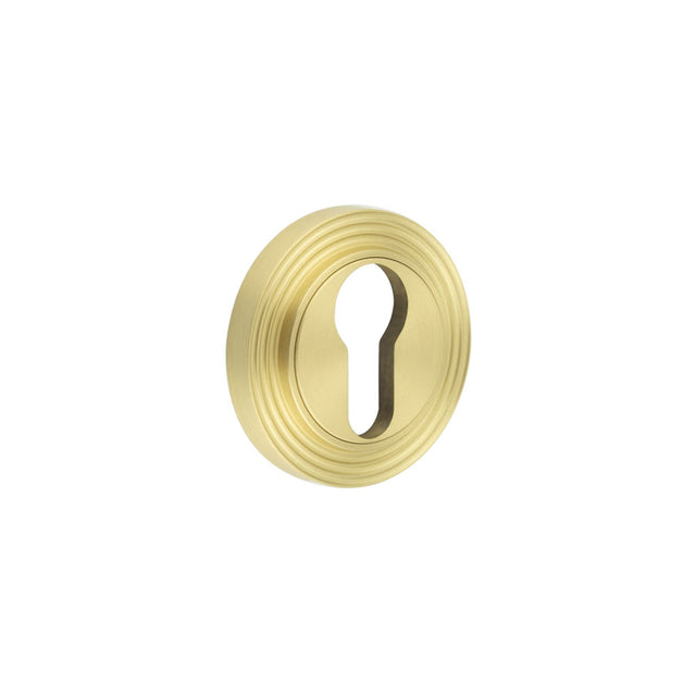 This is an image showing the Frelan - Burlington Euro Profile Escutcheons Reeded Rose Satin Brass available to order from T.H. Wiggans Ironmongery in Kendal