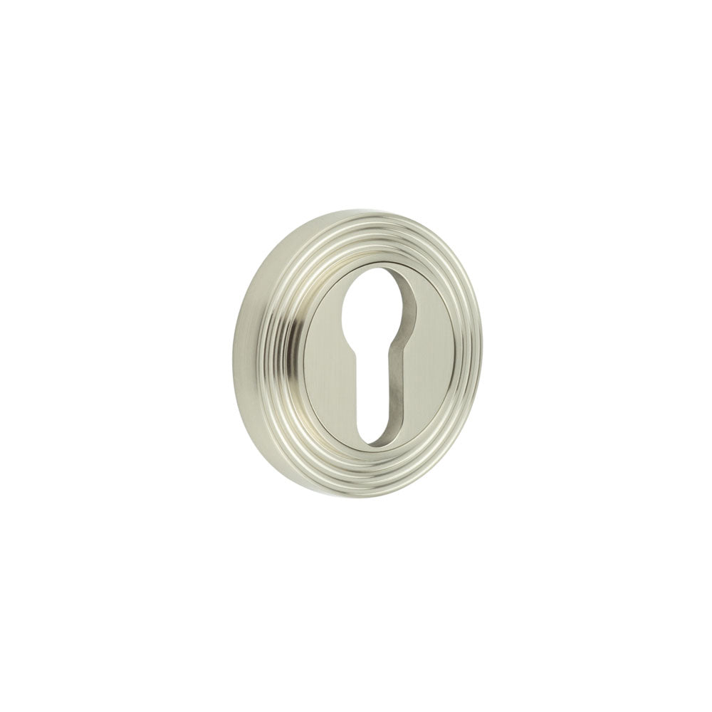 This is an image showing the Frelan - Burlington Euro Profile Escutcheons Reeded Rose Satin Nickel available to order from T.H. Wiggans Ironmongery in Kendal