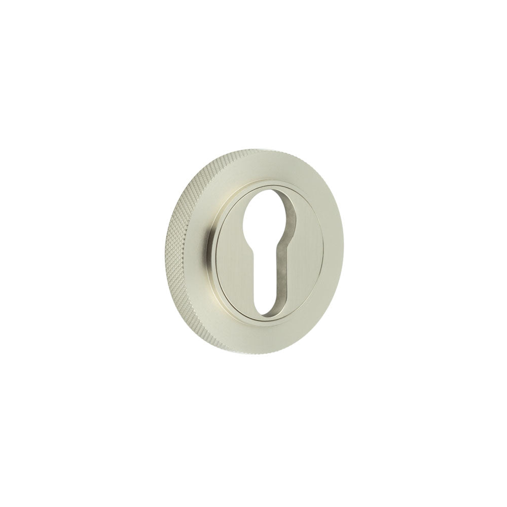 This is an image showing the Frelan - Burlington Euro Profile Escutcheons Knurled Rose Satin Nickel available to order from T.H. Wiggans Ironmongery in Kendal