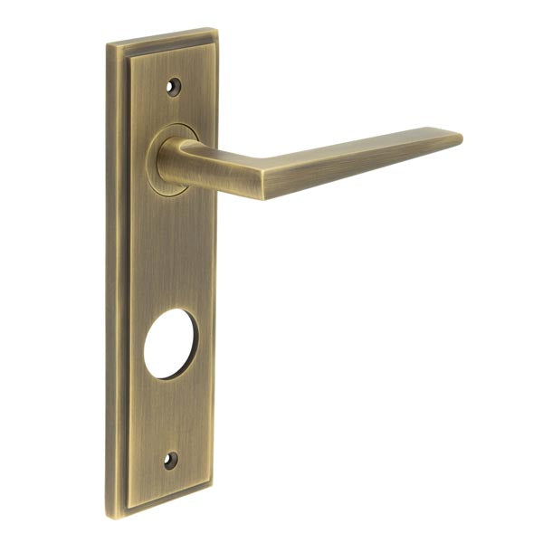 This is an image showing the Frelan - Mayfair Door Handle Din Bathroom Backplate Antique Brass available to order from T.H. Wiggans Ironmongery in Kendal