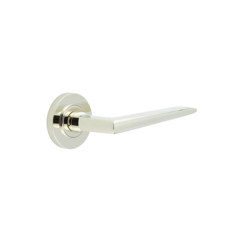 This is an image showing the Frelan - Mayfair Door Handle on Plain Rose Polished Nickel available to order from T.H. Wiggans Ironmongery in Kendal