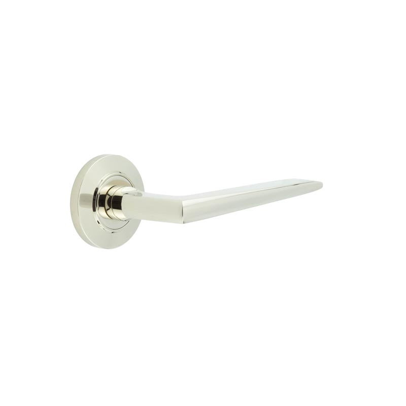 This is an image showing the Frelan - Mayfair Door Handle on Chamfered Rose Polished Nickel available to order from T.H. Wiggans Ironmongery in Kendal