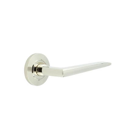 This is an image showing the Frelan - Mayfair Door Handle on Chamfered Rose Polished Nickel available to order from T.H. Wiggans Ironmongery in Kendal