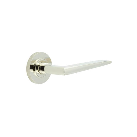 This is an image showing the Frelan - Mayfair Door Handle on Knurled Rose Polished Nickel available to order from T.H. Wiggans Ironmongery in Kendal