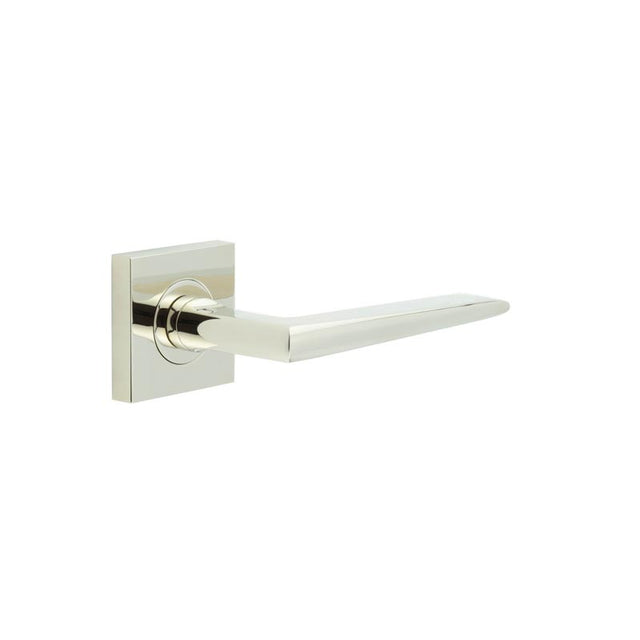 This is an image showing the Frelan - Mayfair Door Handle on Square Plain Rose Polished Nickel available to order from T.H. Wiggans Ironmongery in Kendal