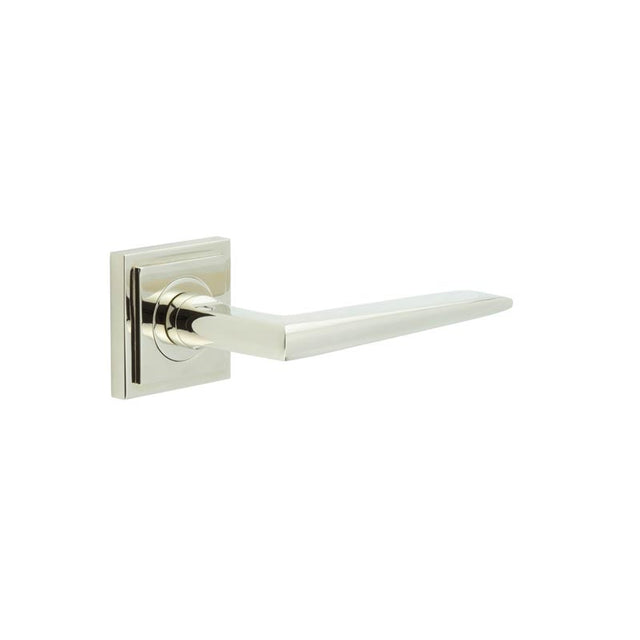 This is an image showing the Frelan - Mayfair Door Handle on Square Stepped Rose Polished Nickel available to order from T.H. Wiggans Ironmongery in Kendal