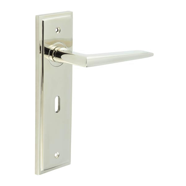 This is an image showing the Frelan - Mayfair Door Handle Lock Backplate Polished Nickel available to order from T.H. Wiggans Ironmongery in Kendal