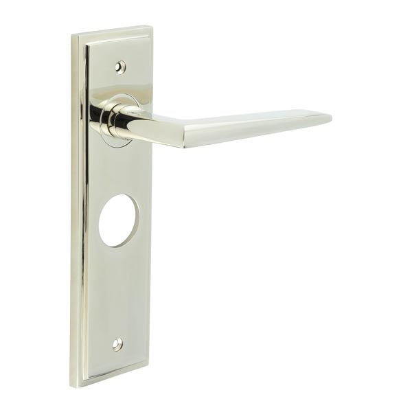 This is an image showing the Frelan - Mayfair Door Handle Bathroom Backplate Polished Nickel available to order from T.H. Wiggans Ironmongery in Kendal