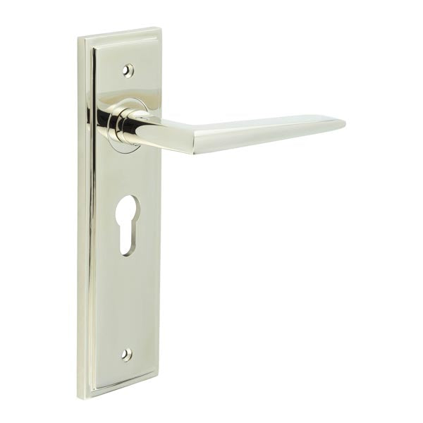 This is an image showing the Frelan - Mayfair Door Handle Euro Backplate Polished Nickel available to order from T.H. Wiggans Ironmongery in Kendal