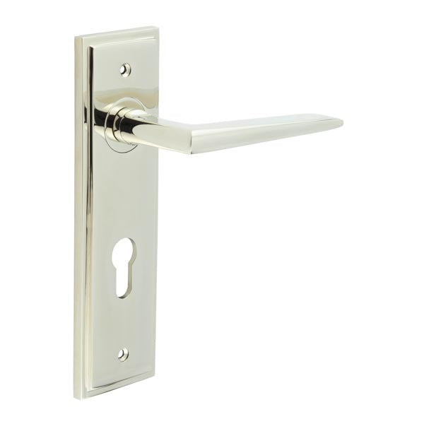 This is an image showing the Frelan - Mayfair Door Handle Din Euro Backplate Polished Nickel available to order from T.H. Wiggans Ironmongery in Kendal