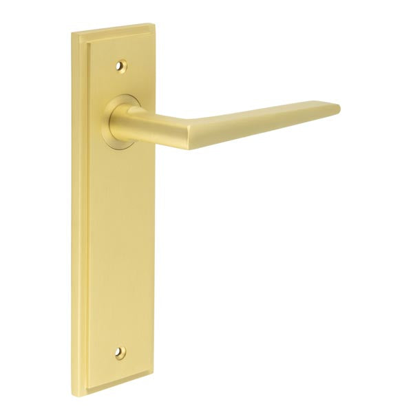 This is an image showing the Frelan - Mayfair Door Handle Latch Backplate Satin Brass available to order from T.H. Wiggans Ironmongery in Kendal