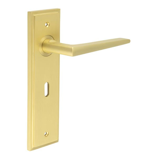 This is an image showing the Frelan - Mayfair Door Handle Lock Backplate Satin Brass available to order from T.H. Wiggans Ironmongery in Kendal