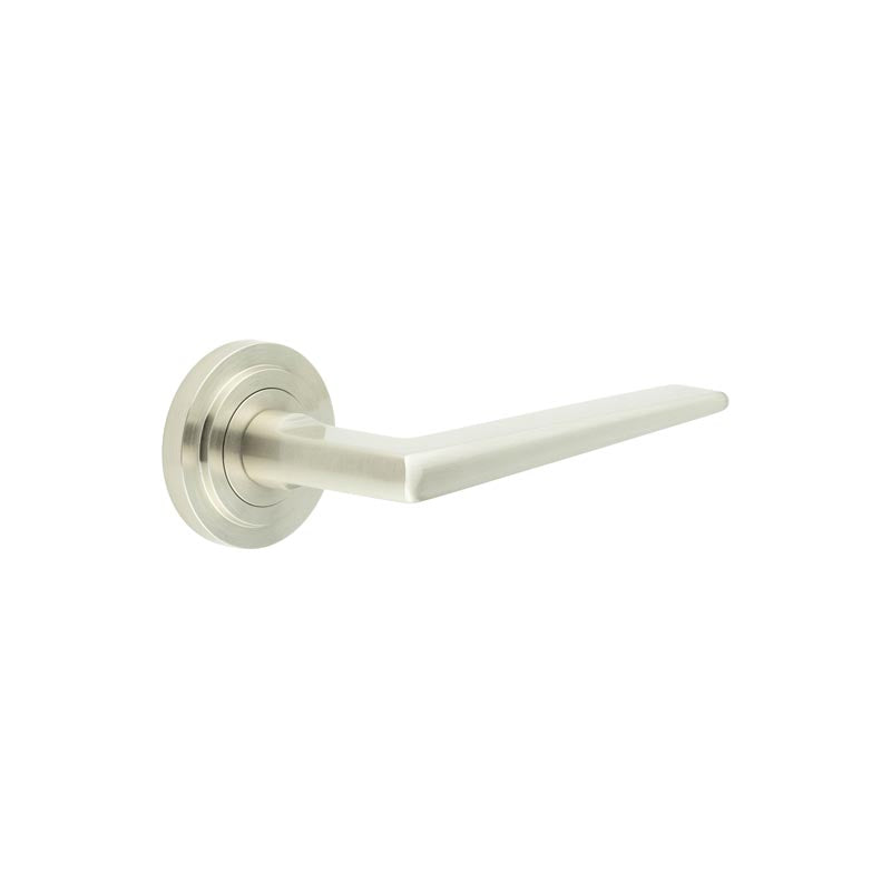 This is an image showing the Frelan - Mayfair Door Handle on Stepped Rose Satin Nickel available to order from T.H. Wiggans Ironmongery in Kendal