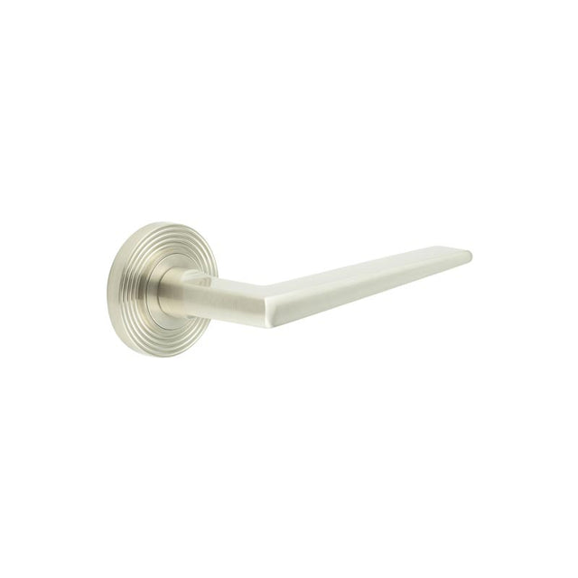 This is an image showing the Frelan - Mayfair Door Handle on Reeded Rose Satin Nickel available to order from T.H. Wiggans Ironmongery in Kendal