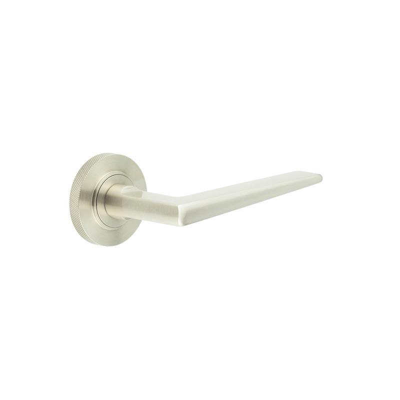 This is an image showing the Frelan - Mayfair Door Handle on Knurled Rose Satin Nickel available to order from T.H. Wiggans Ironmongery in Kendal