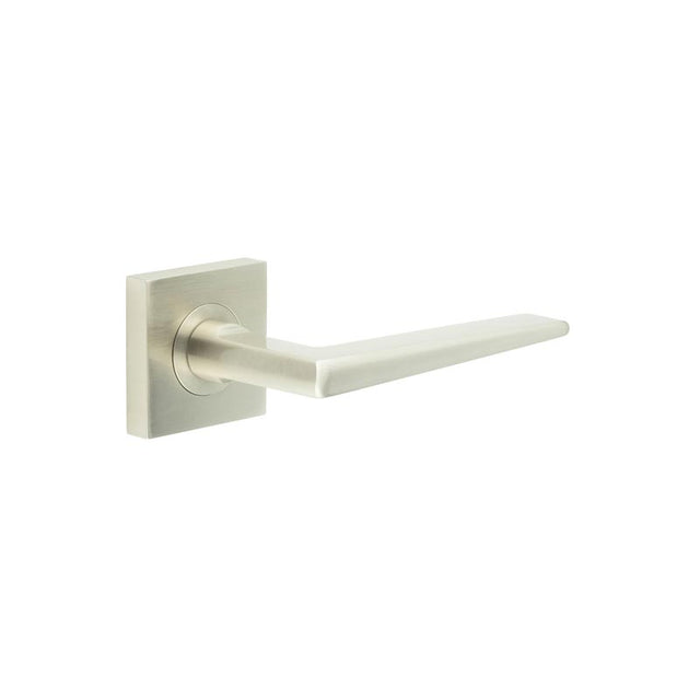 This is an image showing the Frelan - Mayfair Door Handle on Square Plain Rose Satin Nickel available to order from T.H. Wiggans Ironmongery in Kendal