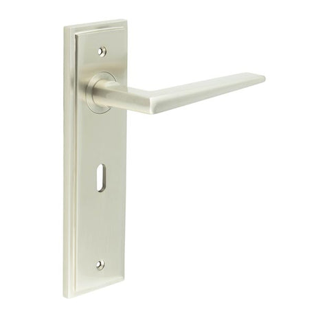 This is an image showing the Frelan - Mayfair Door Handle Lock Backplate Satin Nickel available to order from T.H. Wiggans Ironmongery in Kendal