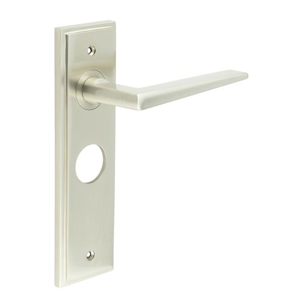 This is an image showing the Frelan - Mayfair Door Handle Bathroom Backplate Satin Nickel available to order from T.H. Wiggans Ironmongery in Kendal