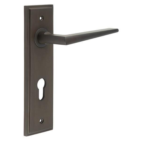 This is an image showing the Frelan - Mayfair Door Handle Din Euro Backplate Dark Bronze available to order from T.H. Wiggans Ironmongery in Kendal