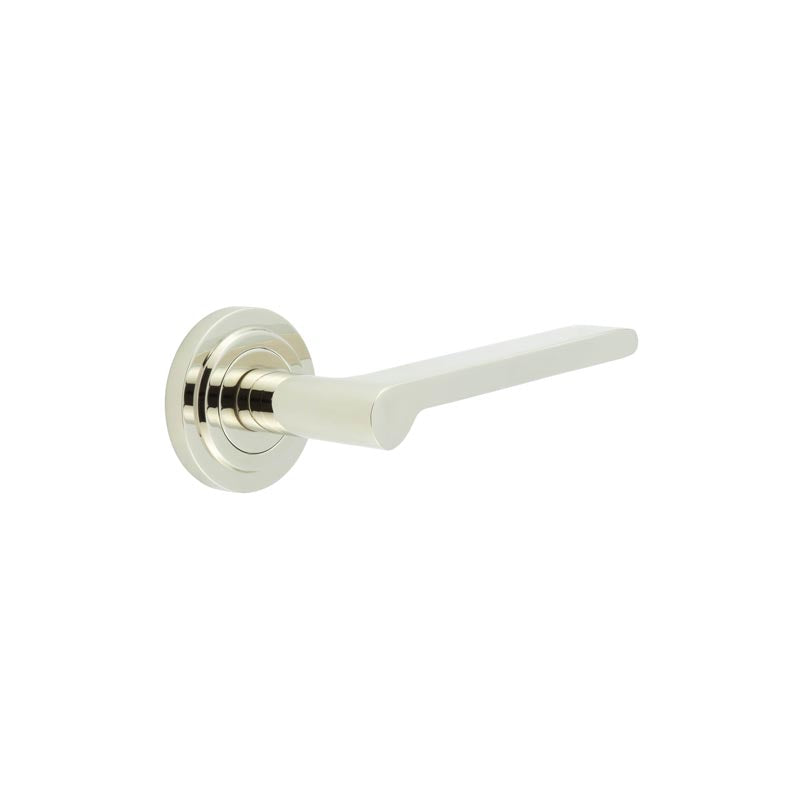 This is an image showing the Frelan - Fitzrovia Door Handles Stepped Rose Polished Nickel available to order from T.H. Wiggans Ironmongery in Kendal