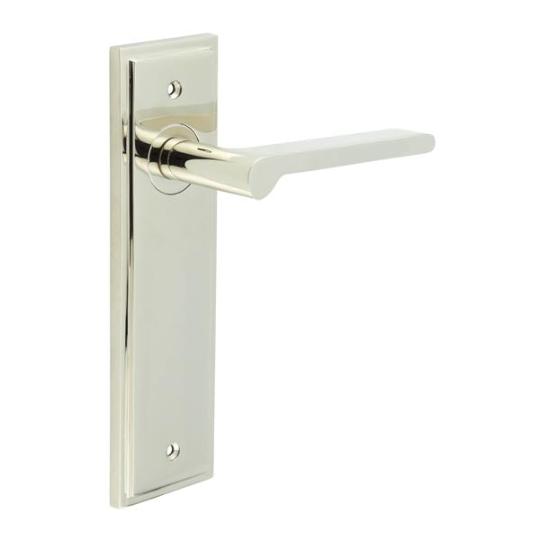 This is an image showing the Frelan - Fitzrovia Door Handle Latch Backplate Polished Nickel available to order from T.H. Wiggans Ironmongery in Kendal