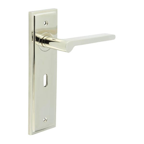 This is an image showing the Frelan - Fitzrovia Door Handle Lock Backplate Polished Nickel available to order from T.H. Wiggans Ironmongery in Kendal