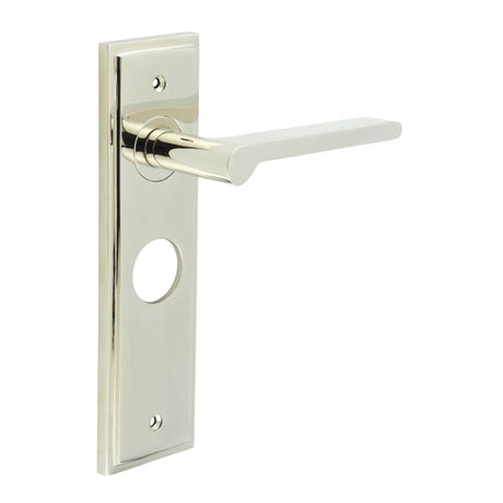 This is an image showing the Frelan - Fitzrovia Door Handle Lock Backplate Polished Nickel available to order from T.H. Wiggans Ironmongery in Kendal