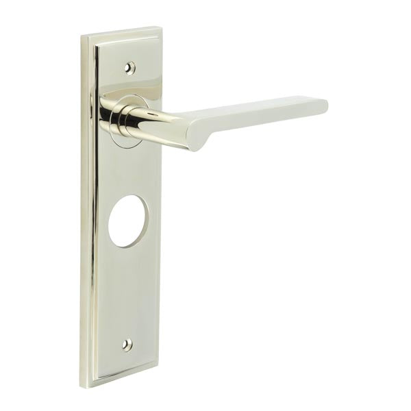 This is an image showing the Frelan - Fitzrovia Door Handle Lock Backplate Polished Nickel available to order from T.H. Wiggans Ironmongery in Kendal