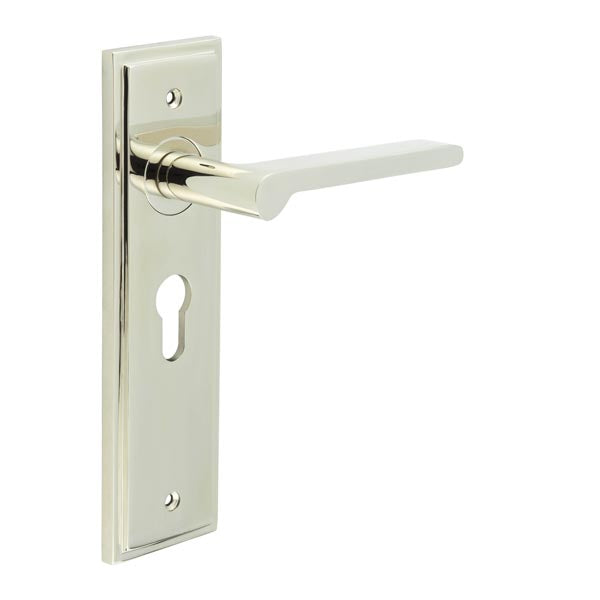 This is an image showing the Frelan - Fitzrovia Door Handle Euro Backplate Polished Nickel available to order from T.H. Wiggans Ironmongery in Kendal