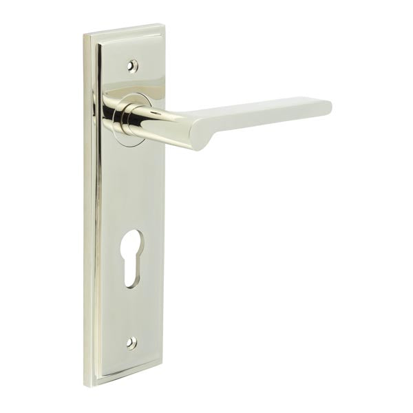 This is an image showing the Frelan - Fitzrovia Door Handle Din Euro Backplate Polished Nickel available to order from T.H. Wiggans Ironmongery in Kendal