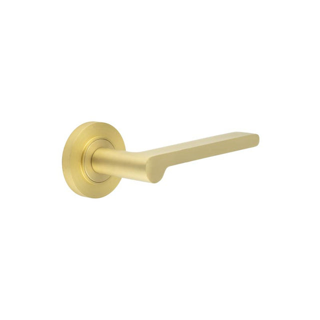 This is an image showing the Frelan - Fitzrovia Door Handles Plain Rose Satin Brass available to order from T.H. Wiggans Ironmongery in Kendal